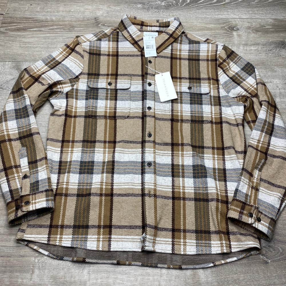 7Diamonds Generation Mens XL Brown Plaid Stretch Flannel Shirt NWT Shacket
